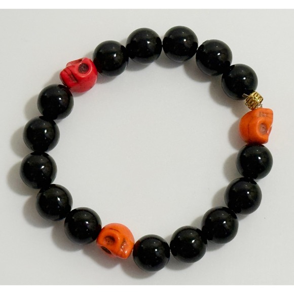 The Unbranded Brand Jewelry - Black Onyx Halloween Orange Skull Beaded Braclet Size 6‎ 1/2